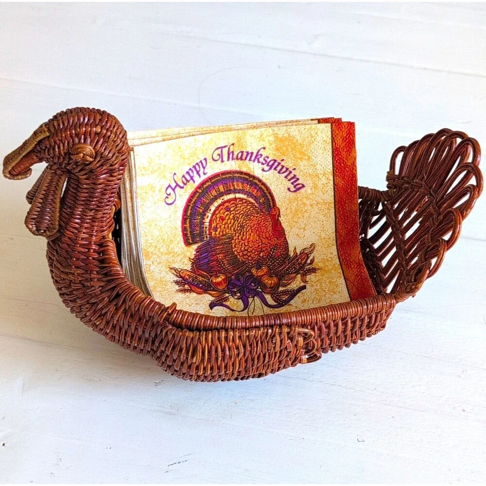 VTG Wicker Turkey Napkin Basket Holder, Woven, Handle, Thanksgiving Theme